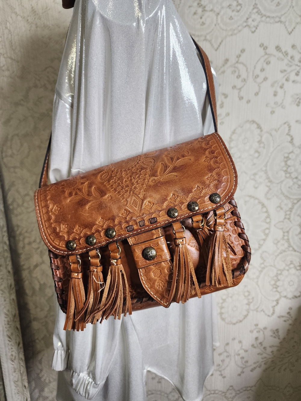 Patricia Nash Tan Tooled Leather Fringe Crossbody Bag